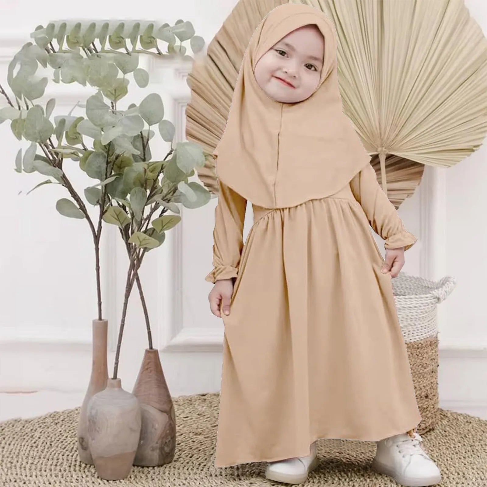 Baby Girl Auntie Outfits Muslim Abaya And Headscarf Set For Girls Pure Color Robe With Hijab Clothes for Girls 2t
