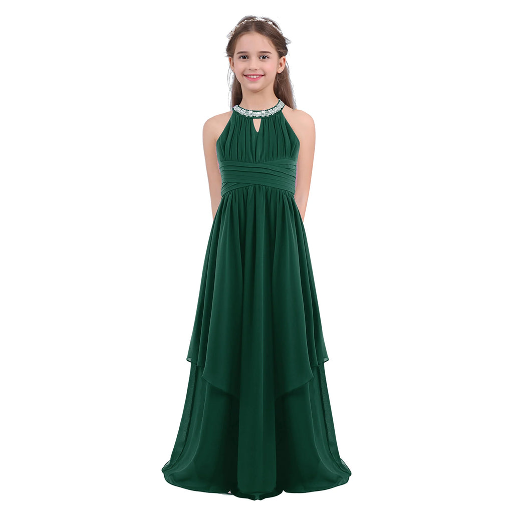 Chiffon Flower Girls Dress Floor-Length Sleeveless Wedding Party Dress Sequined Halter Flower Girl Dress Princess Pageant Dress