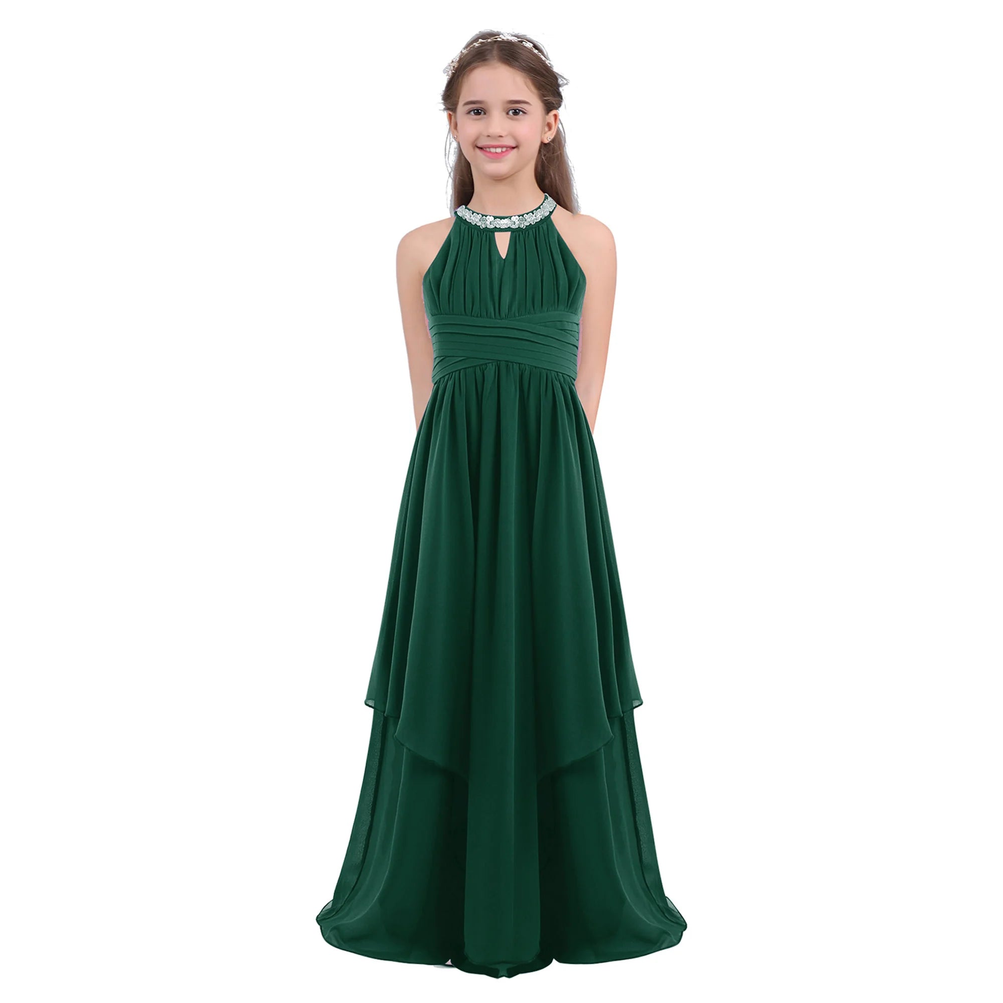 Chiffon Flower Girls Dress Floor-Length Sleeveless Wedding Party Dress Sequined Halter Flower Girl Dress Princess Pageant Dress