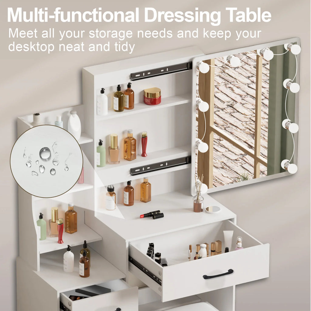 Modern White Dressing Table Stool Set with LED Light Mirror Vanity Make up Desk
