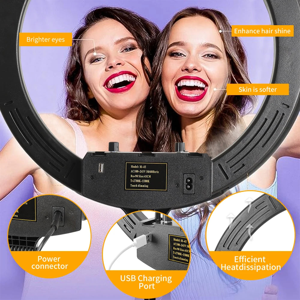 Dimmable Selfie Ring Lamp 18 Inch RGB Ring Light Photography With Tripod Phone Clip For Live Make Up Youtube Photography Studio