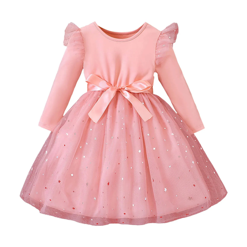 Girls Elegant Dresses Toddler Baby Girl Long Sleeve Sequin Design Tulle Bow Dress Christmas New Year Winter Party Girls Dresses