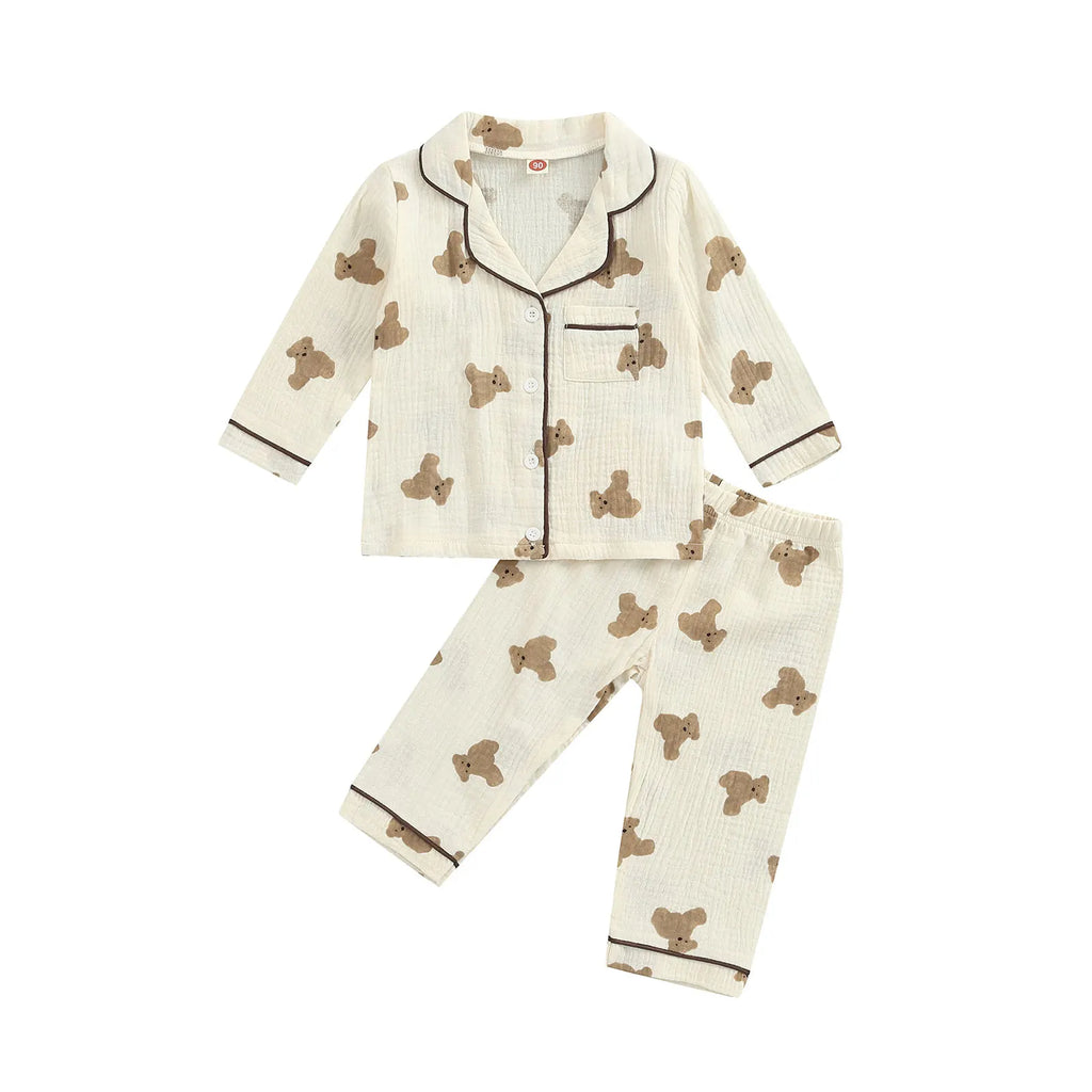 2022-07-06 Lioraitiin 0-6Years Kids Unisex Casual Pajama Suit Bear Printed Long Sleeve Front Pocket Lapel Tops Printed Long Pant