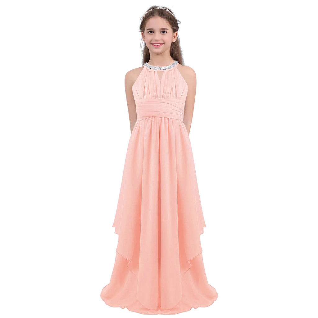Chiffon Flower Girls Dress Floor-Length Sleeveless Wedding Party Dress Sequined Halter Flower Girl Dress Princess Pageant Dress