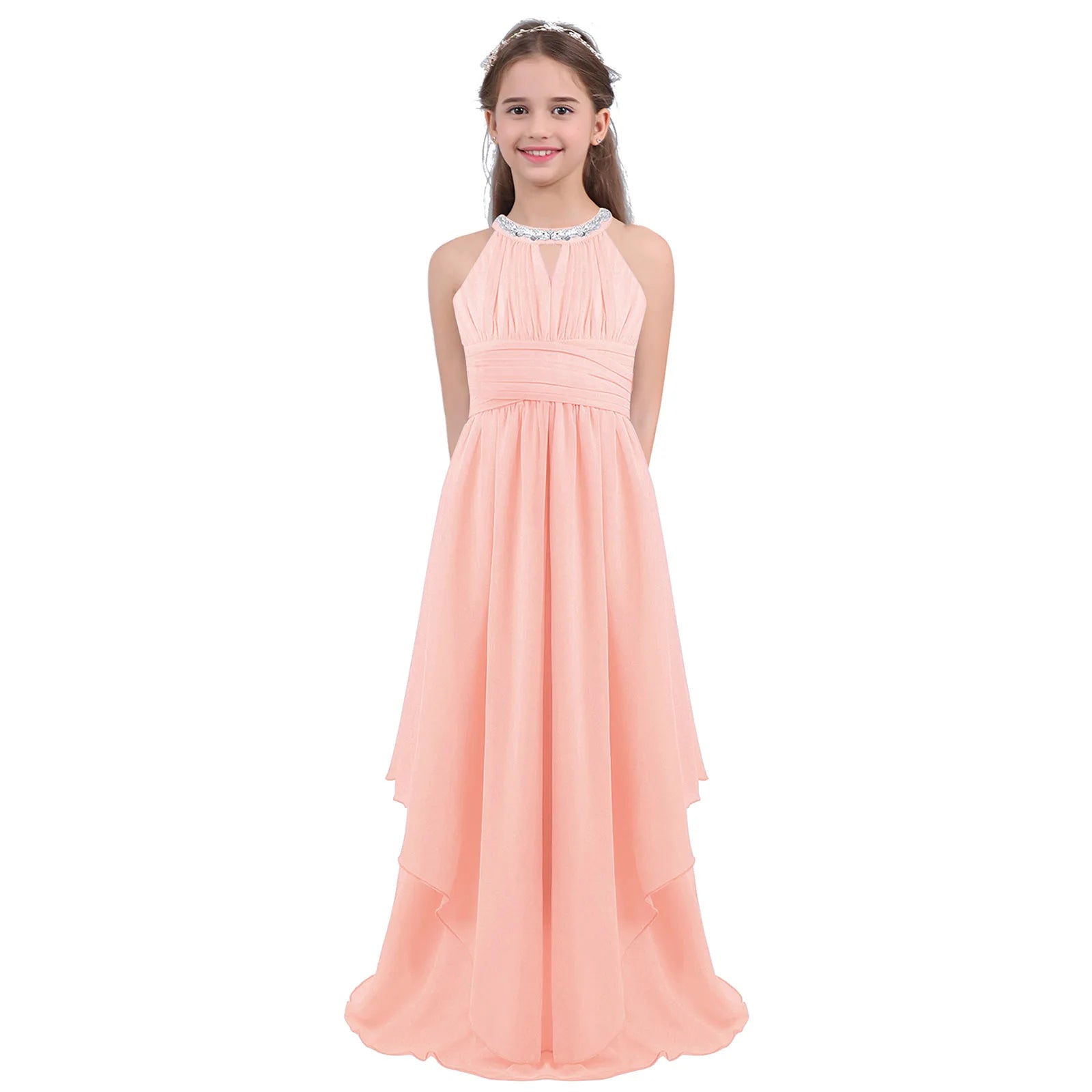 Chiffon Flower Girls Dress Floor-Length Sleeveless Wedding Party Dress Sequined Halter Flower Girl Dress Princess Pageant Dress