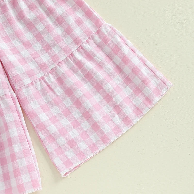 2024-12-02 Lioraitiin Toddler Girl Summer Clothes Eyelet Embroidery Cami Tops+Elastic Waist Plaid Print Wide Leg Pants 2Pcs Set