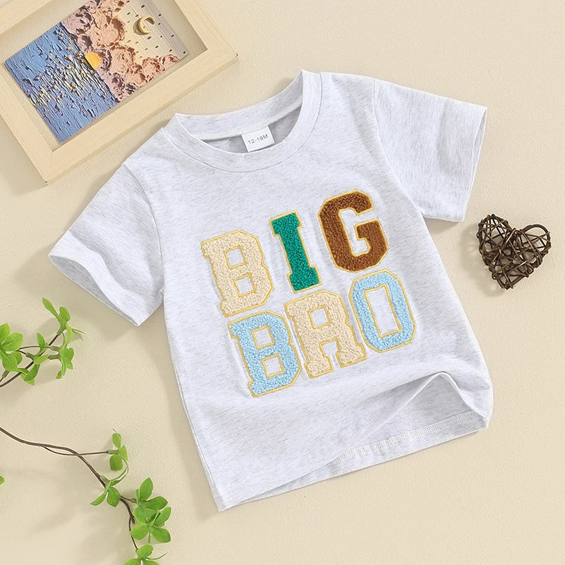2024-01-11 Lioraitiin Summer Toddler Baby Boy T-Shirts Rompers BIG BRO Fuzzy Embroidered Letter Crewneck Short Sleeve Tops