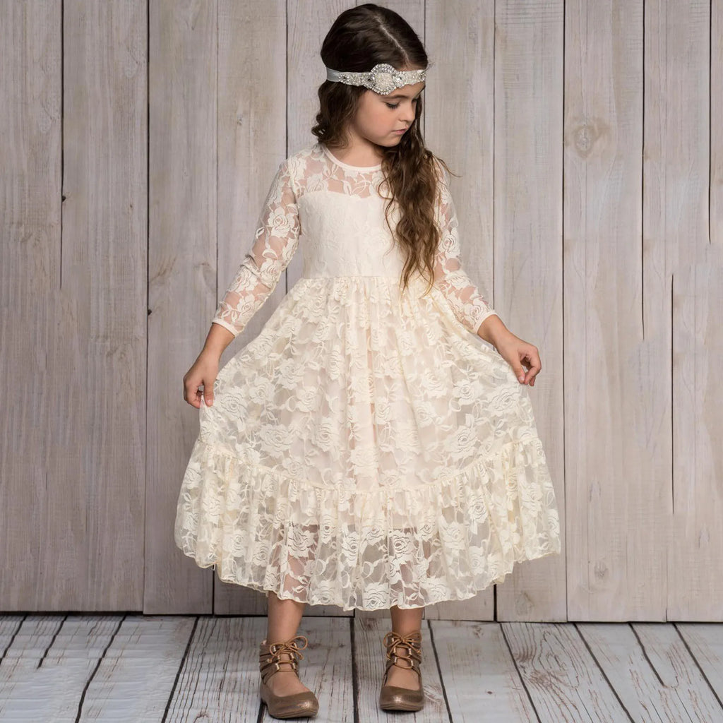 1st Birthday Outfit Girl Children's Lace Dress Dress Tie Belt Girls Chic Long Flower Girl Dresses Girl Bubble Dress