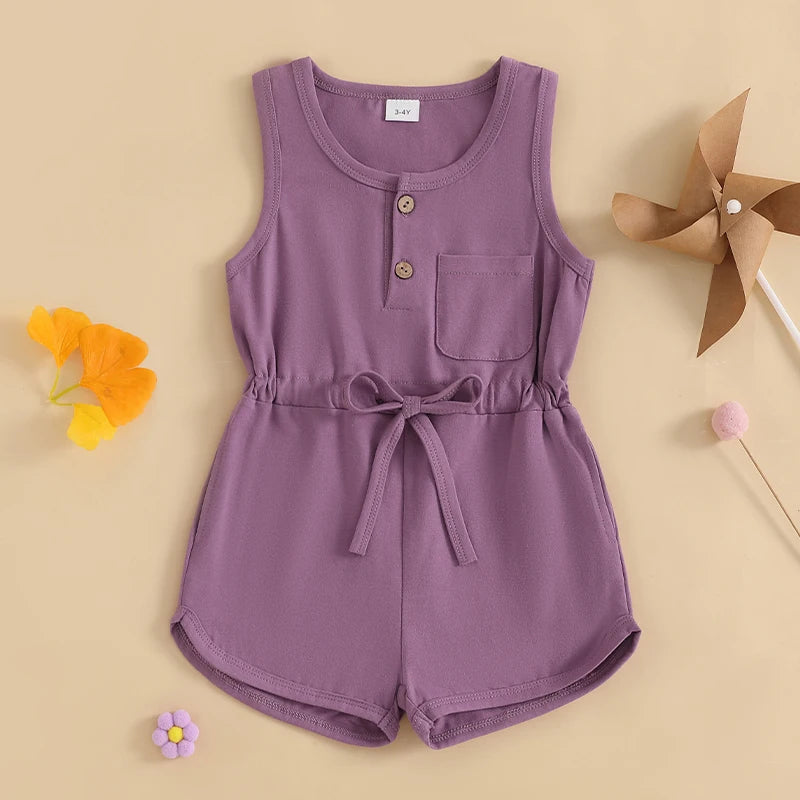 2024-12-04 Lioraitiin Litter Girls Summer Casual Jumpsuit Sleeveless Crewneck Solid Color Drawstring Tank Romper