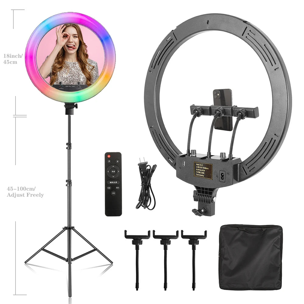 Dimmable Selfie Ring Lamp 18 Inch RGB Ring Light Photography With Tripod Phone Clip For Live Make Up Youtube Photography Studio