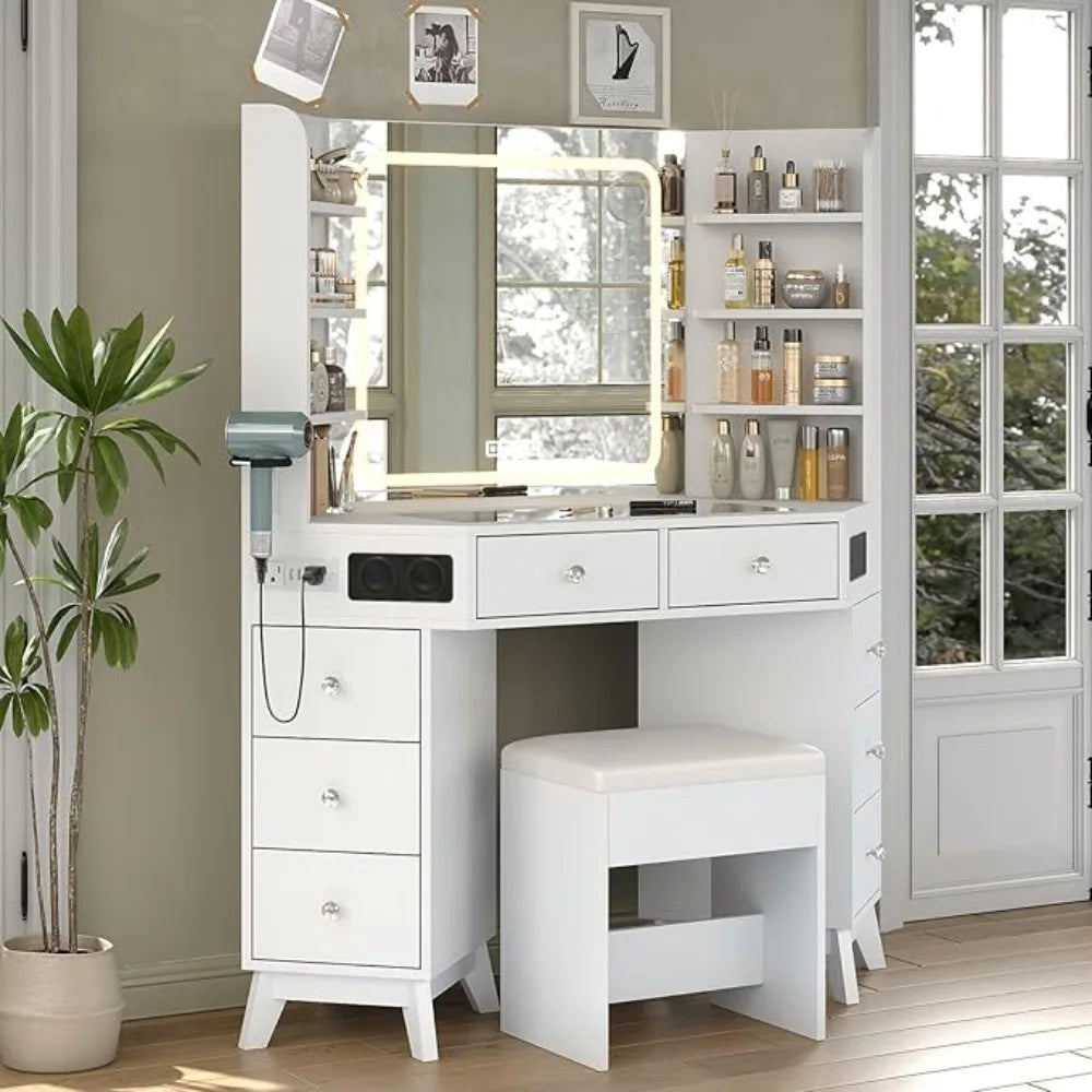 Corner Vanity Desk with Bluetooth Speaker, 8 Drawers & 6 Shelves, Modern Vanity with Mirror and Lights, Makeup Vanity with Glass