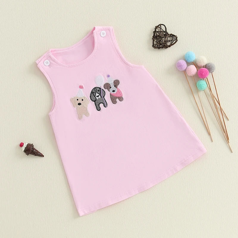 2025-04-01 Lioraitiin Toddler Baby Girl Birthday Dress Dog Embroidered Round Neck Sleeveless Tank Dress Cute Summer Clothes