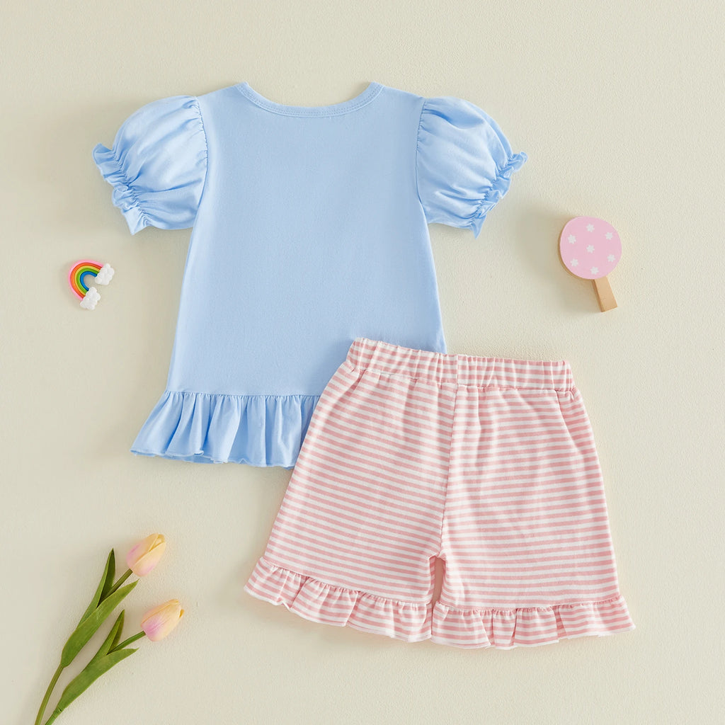 Girl s Back to School Outfit Cute Ruler Bow Embroidered Short Sleeve Ruffle T-Shirt with Matching Striped Shorts - 2 Piece