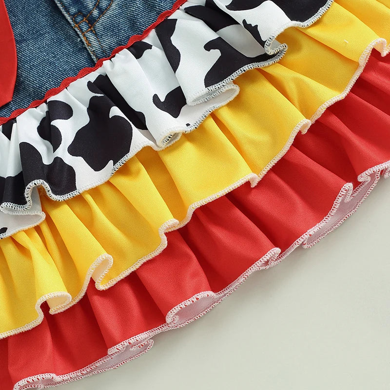 2024-05-11 Lioraitiin Girls Summer Outfits Plaid Print Fly Sleeve Shirts Cow Pattern Ruffles Patchwork Denim Skirt Headband  Set