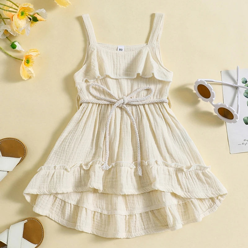 2024-05-07 Lioraitiin Baby Girl Summer Dress Casual Sleeveless Square Neck Belted Dress Toddler A-Line Dress