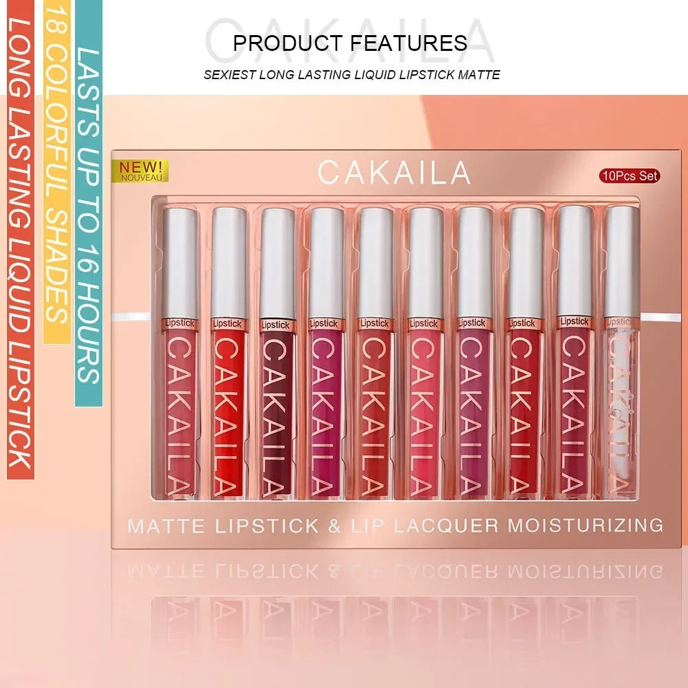 CAKAILA 6-Shade Matte Lip Gloss Set - product feature highlights with packaging
