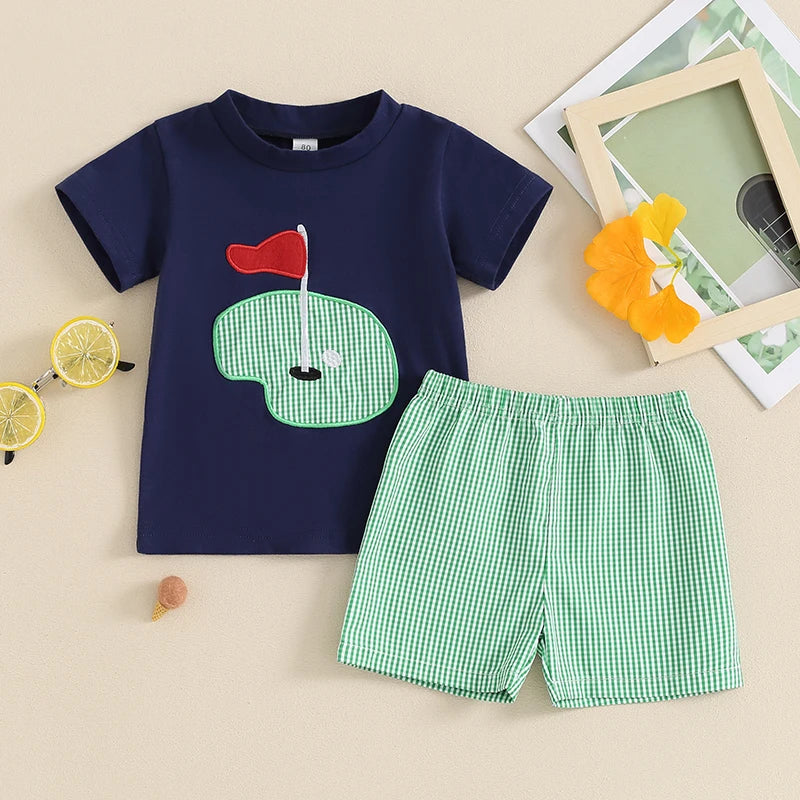 2024-03-18 Lioraitiin Toddler Boys Summer Outfits Golf Embroidered Short Sleeve Tops and Elastic Waist Plaid Shorts Clothes Set
