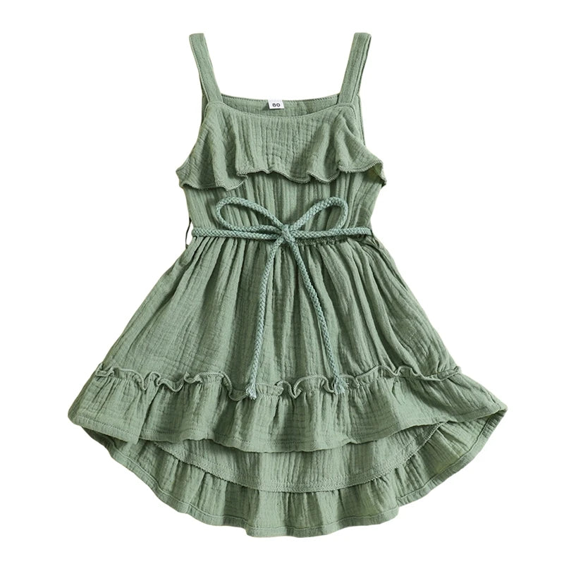 2024-05-07 Lioraitiin Baby Girl Summer Dress Casual Sleeveless Square Neck Belted Dress Toddler A-Line Dress