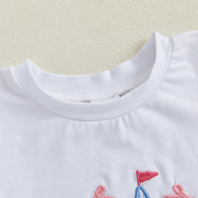 2025-04-06 Lioraitiin Toddler Girls Summer Outfit Bow Embroidery Short Sleeves T-Shirt and Elastic Striped Shorts Set Clothes
