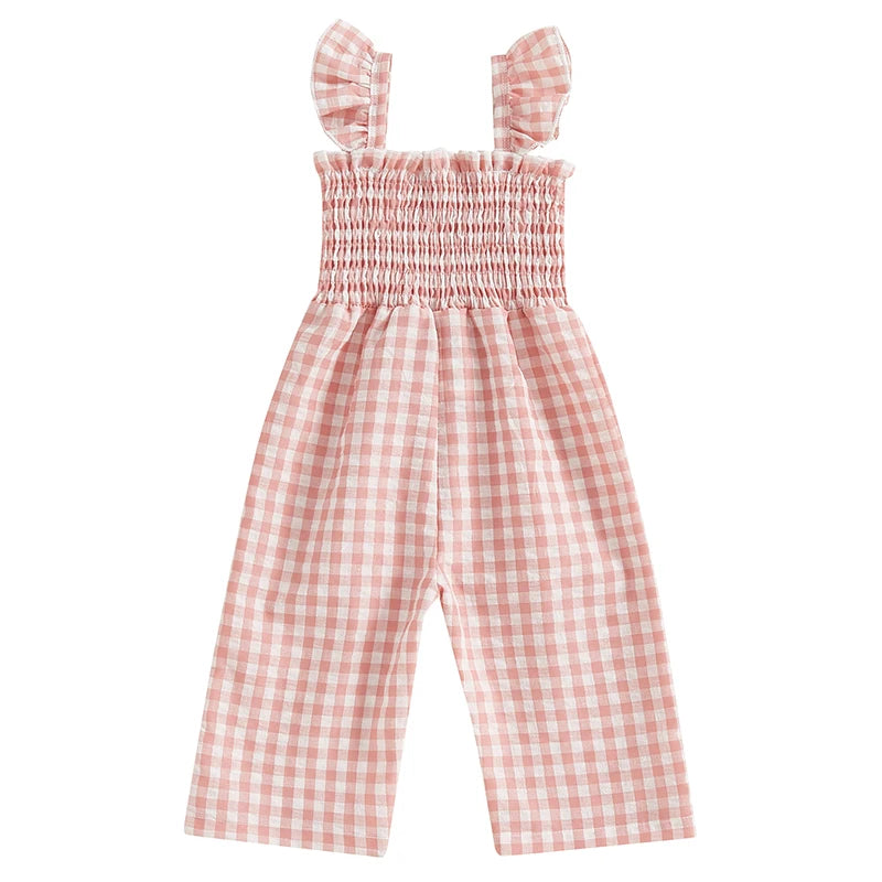 2025-01-06 Lioraitiin Baby Girl Rompers Ruffle Sleeveless Plaid Print Smocked Jumpsuit Suspender Pants Summer Outfit