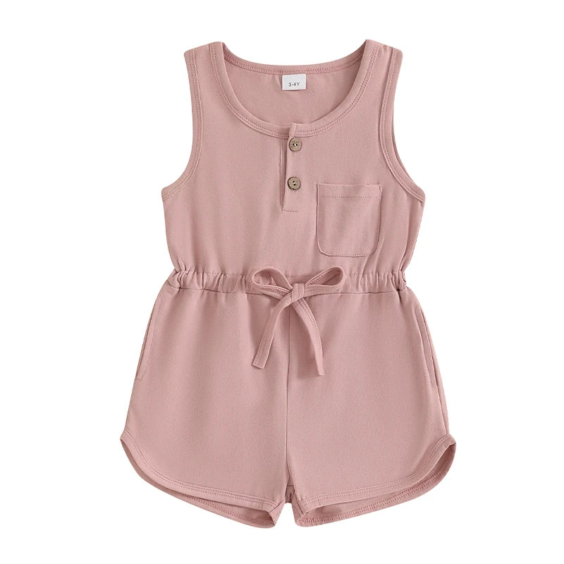 2024-12-04 Lioraitiin Litter Girls Summer Casual Jumpsuit Sleeveless Crewneck Solid Color Drawstring Tank Romper