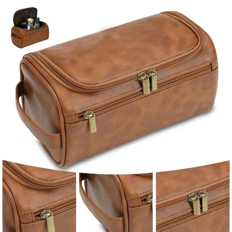 Hanging Leather Travel Toiletry Bag closed