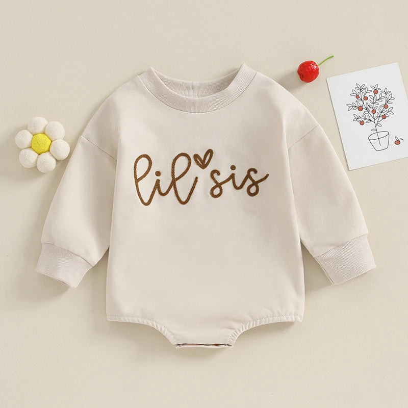 2023-08-15 Lioraitiin0-18M Sister Matching Romper Outfits Letter Print Long Sleeve Round Neck Sweatshirt Toddler Fall Clothes