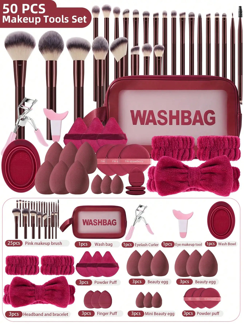 50PCS Makeup Tools:1PC cosmetic bag+25PCS Makeup brush set+9PCS Makeup Sponges+9PCS Powder Puffs+6PCS Makeup Tools