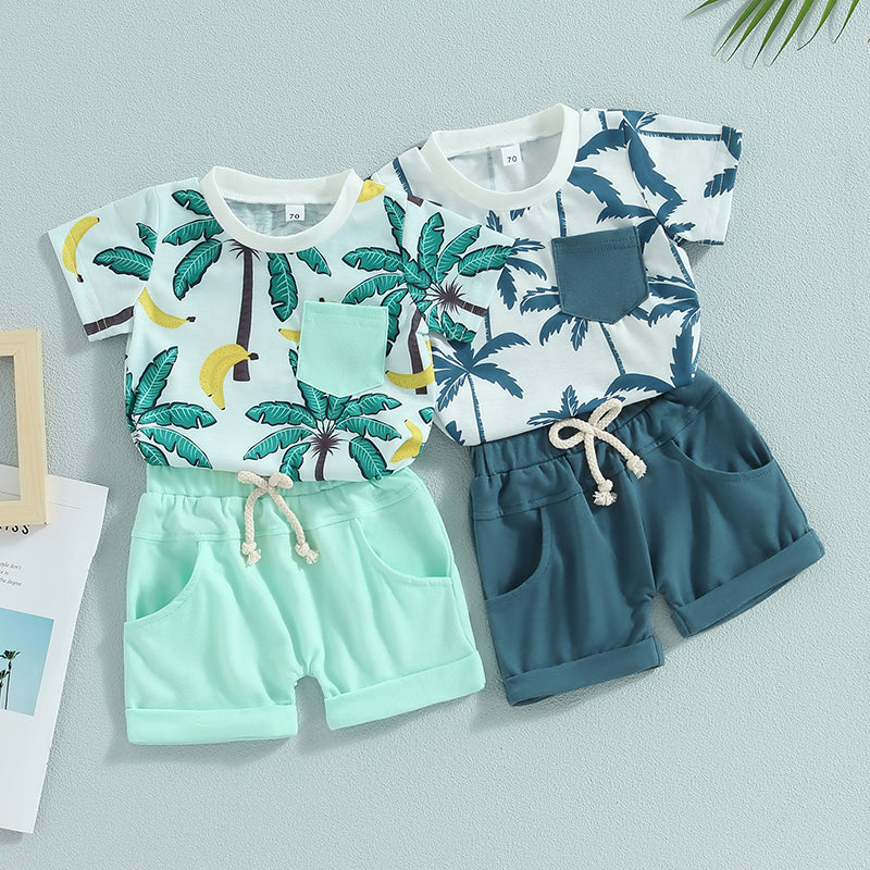 2023-04-21 Lioraitiin 0-3Years Toddler Baby Boy 2Pcs Summer Clothes Beach Tree Print Short Sleeve Crew Neck T-Shirts Shorts