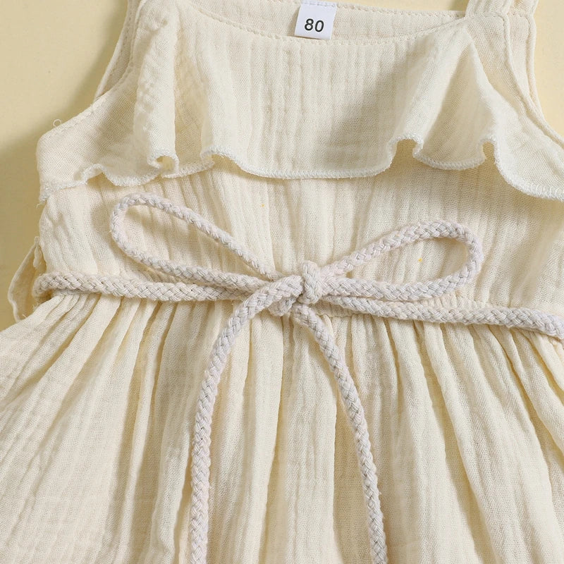 2024-05-07 Lioraitiin Baby Girl Summer Dress Casual Sleeveless Square Neck Belted Dress Toddler A-Line Dress