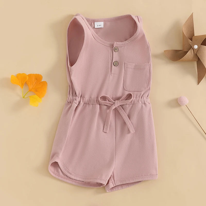 2024-12-04 Lioraitiin Litter Girls Summer Casual Jumpsuit Sleeveless Crewneck Solid Color Drawstring Tank Romper
