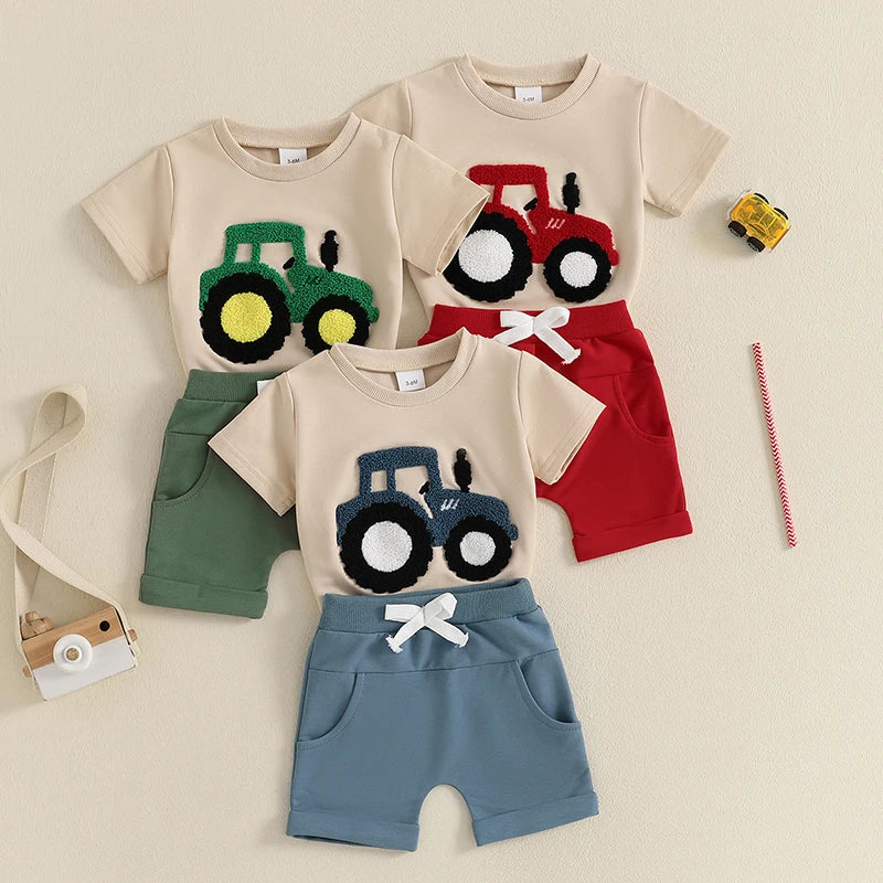2024-11-21 Lioraitiin Toddler Boys Summer Outfit Truck Embroidered O-Neck Short Sleeve T-Shirts Elastic Waist Shorts Clothes Set