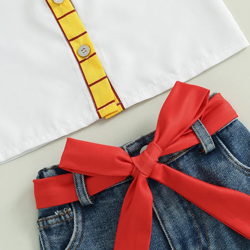 2024-05-11 Lioraitiin Girls Summer Outfits Plaid Print Fly Sleeve Shirts Cow Pattern Ruffles Patchwork Denim Skirt Headband  Set