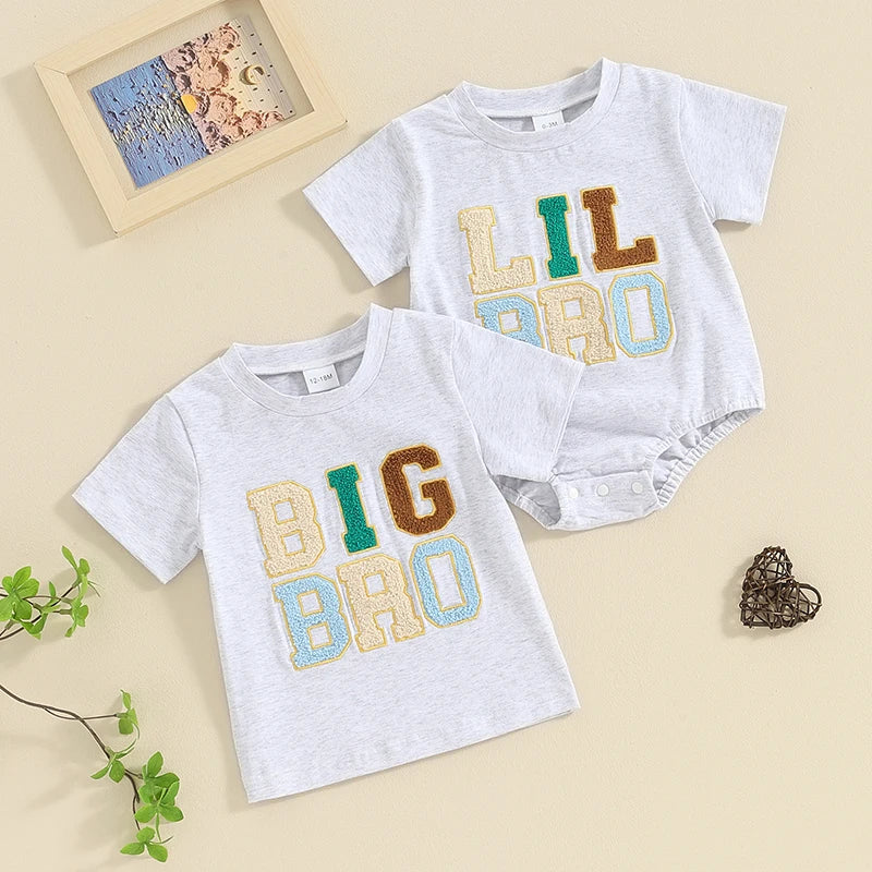 2024-01-11 Lioraitiin Summer Toddler Baby Boy T-Shirts Rompers BIG BRO Fuzzy Embroidered Letter Crewneck Short Sleeve Tops