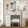 Modern White Dressing Table Stool Set with LED Light Mirror Vanity Make up Desk