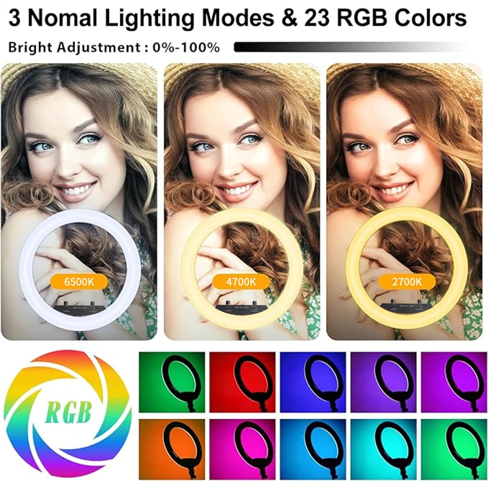 Dimmable Selfie Ring Lamp 18 Inch RGB Ring Light Photography With Tripod Phone Clip For Live Make Up Youtube Photography Studio