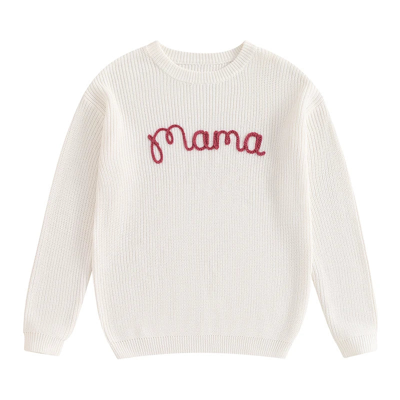 Family Matching Sweaters Mommy and Me Letter Embroidery Round Neck Knitwear Comfortable Warm Tops