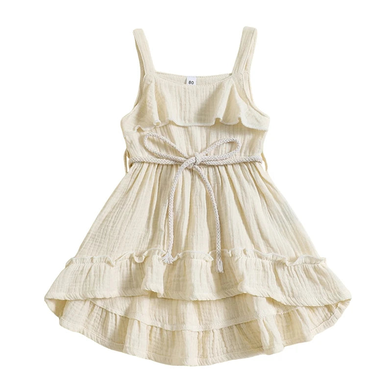 2024-05-07 Lioraitiin Baby Girl Summer Dress Casual Sleeveless Square Neck Belted Dress Toddler A-Line Dress