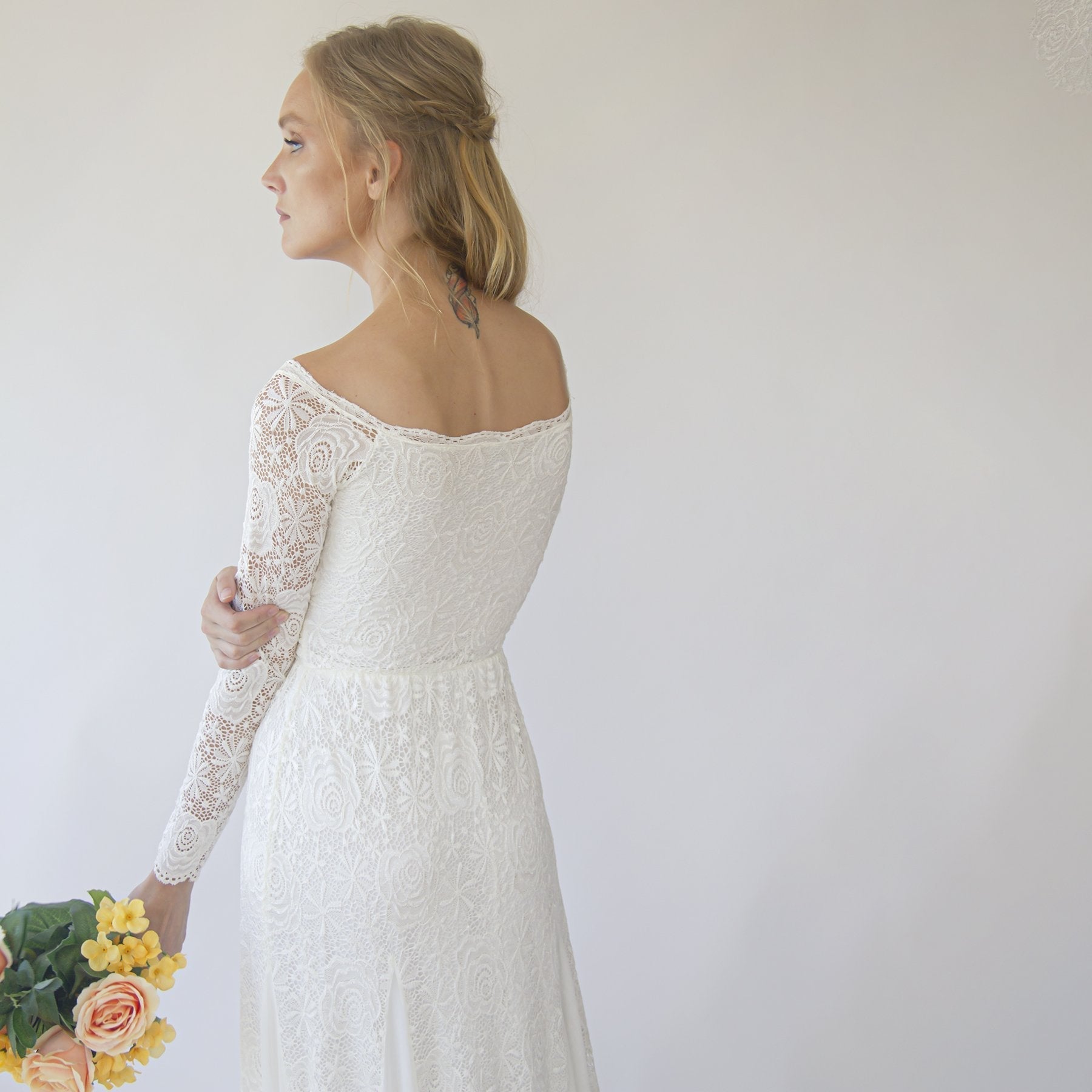 Ivory Off Shoulder Wrap Long Sleeves ,Mermaid Wedding Dress #1280