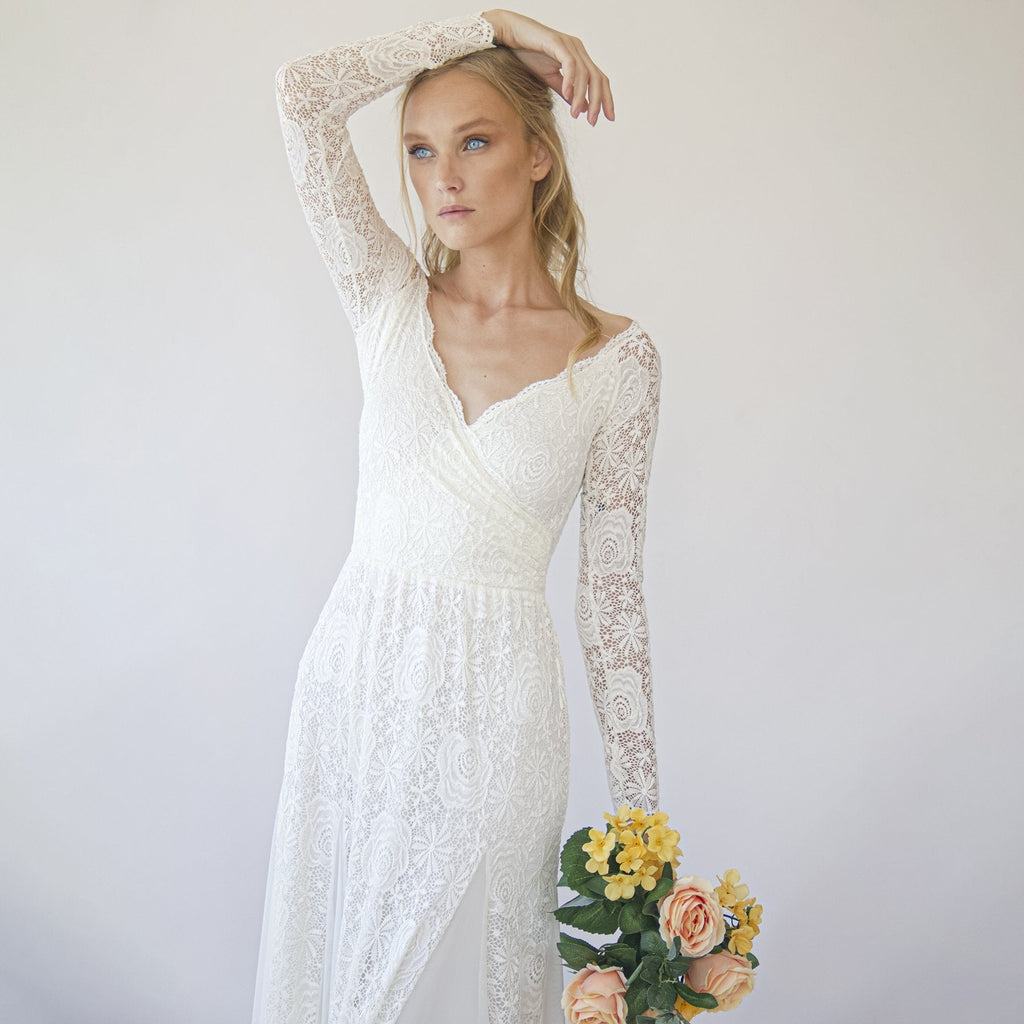 Ivory Off Shoulder Wrap Long Sleeves ,Mermaid Wedding Dress #1280