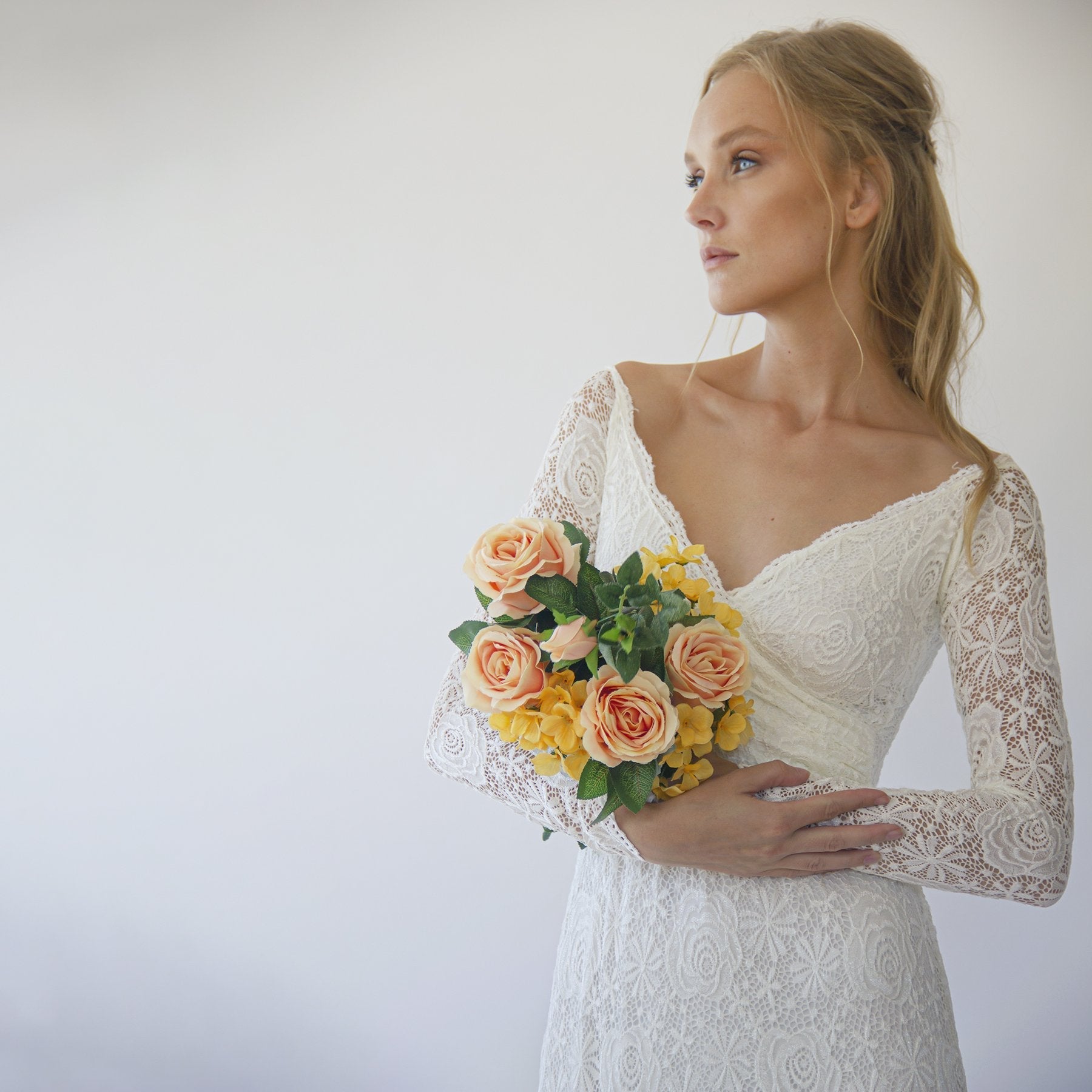Ivory Off Shoulder Wrap Long Sleeves ,Mermaid Wedding Dress #1280