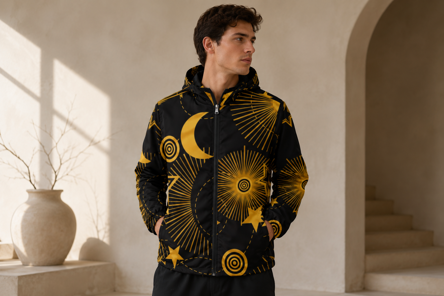 Celestial Gold All-Over Print Luxury Windbreaker | North Line